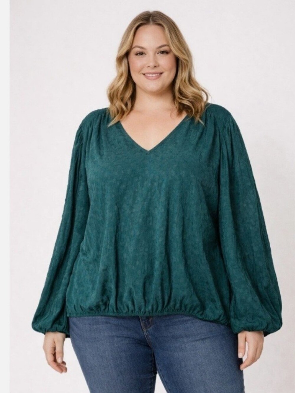 Lane Bryant Teal V-Neck Blouson Sleeve Top